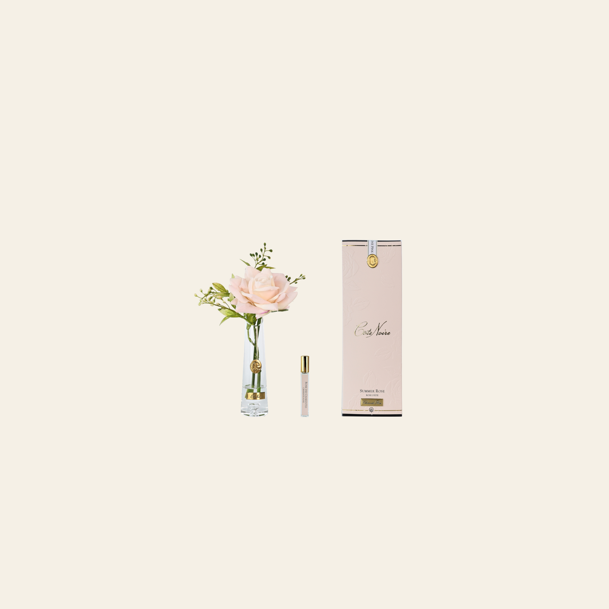 موزع عطر فاخر مع وردة Pink Champagne في مزهرية زجاجية مزينة باللون الذهبي