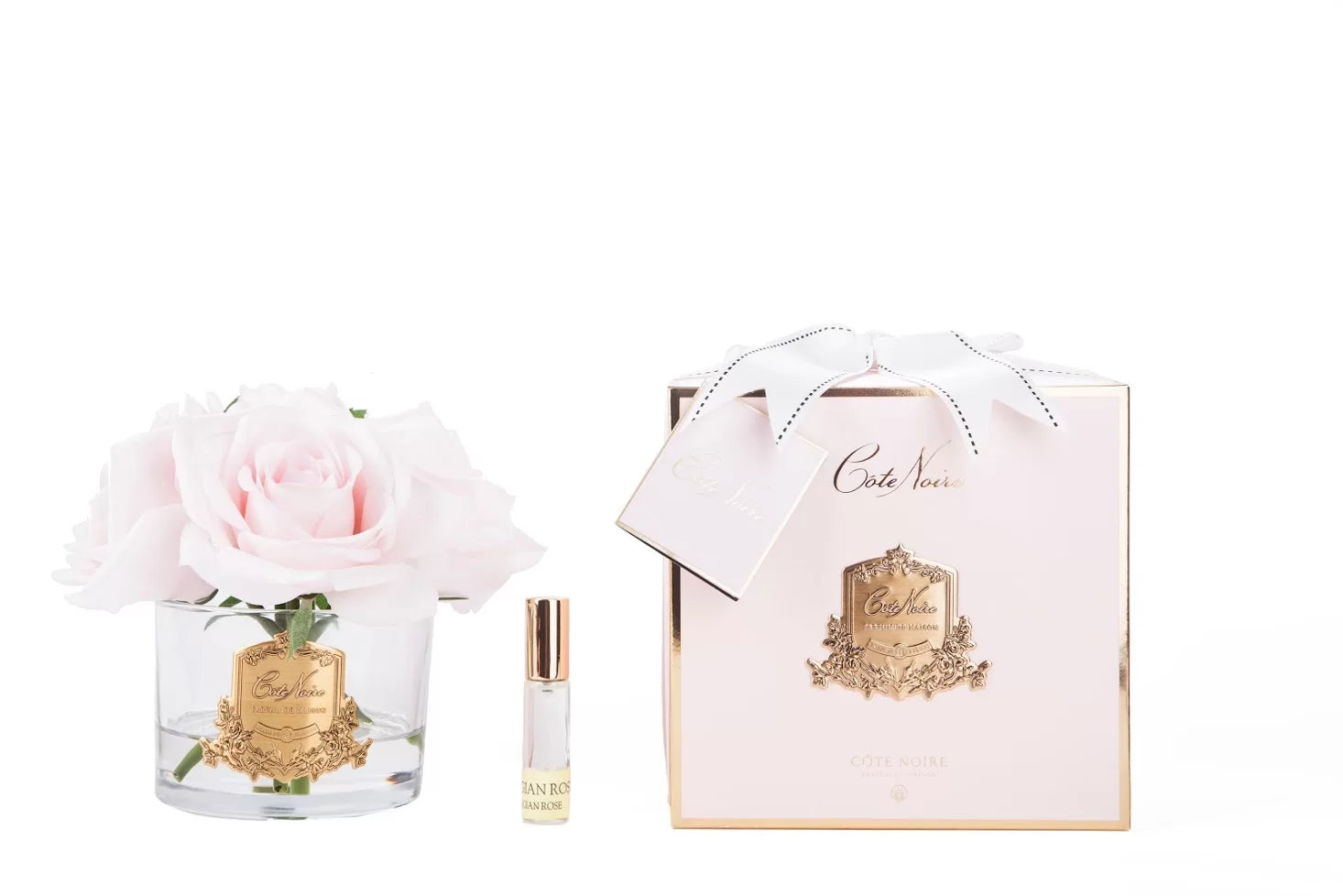 موزّع عطر فاخر – 5 ورود وردية (زجاج شفاف بقاعدة ذهبية)