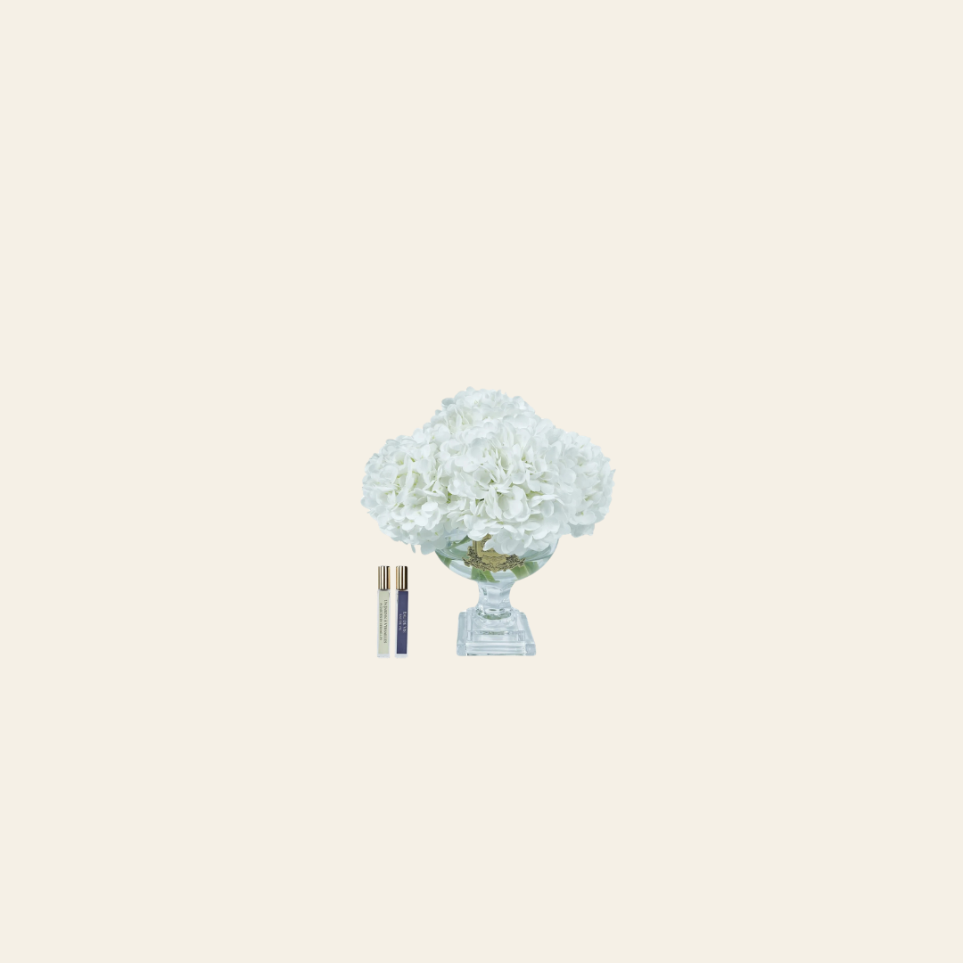 موزع عطر فاخر مع زهور Hydrangea البيضاء في مزهرية كريستال – حجم متوسط