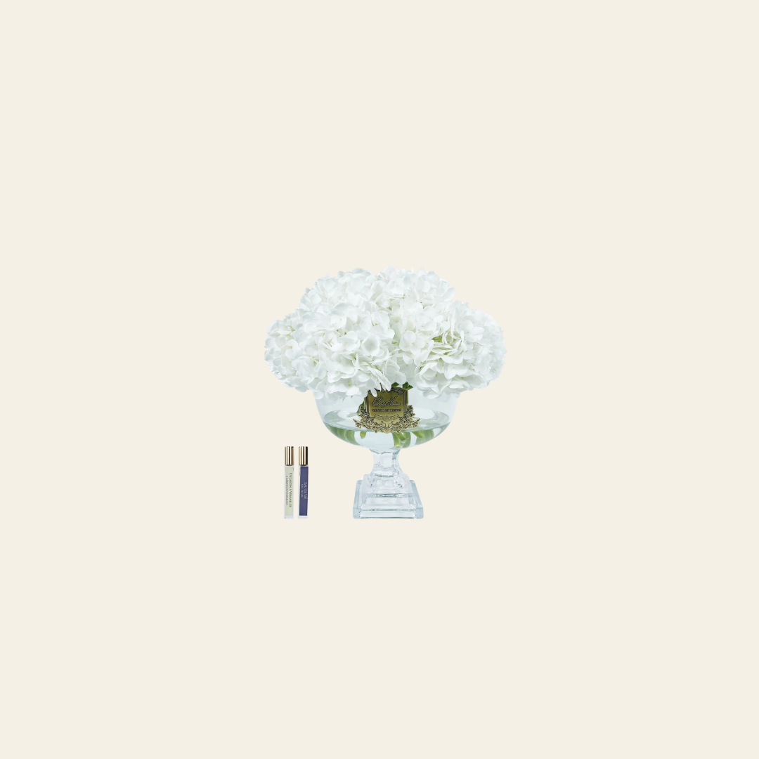موزع عطر فاخر مع زهور Hydrangea البيضاء في مزهرية كريستال – حجم كبير