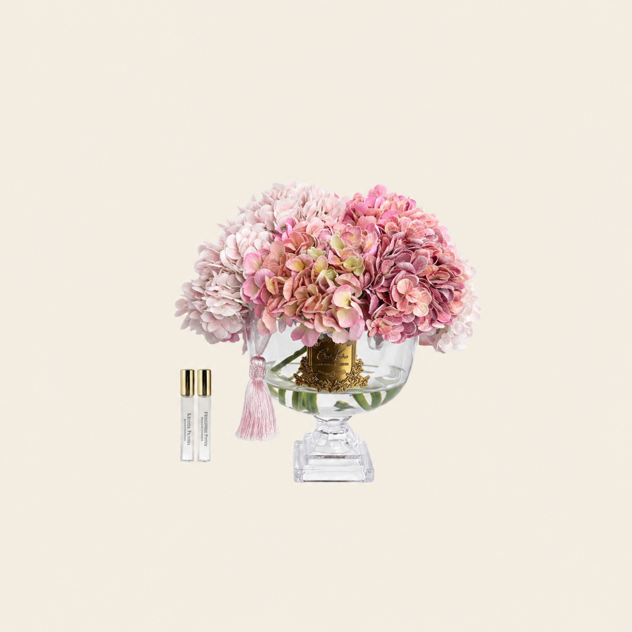 موزع عطر فاخر مع زهور Hydrangea الوردية في مزهرية كريستال