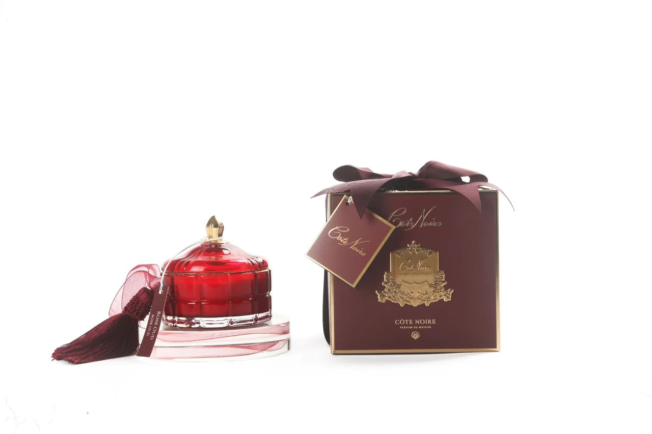 🕯️ شمعة Art Deco – أحمر وذهبي – Rose Oud | Côte Noire – 200 غرام